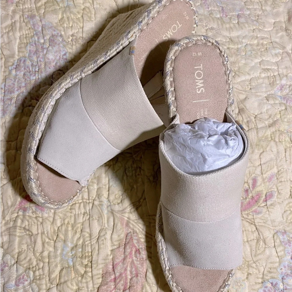 Toms White Canvas Espadrille Wedge Mules